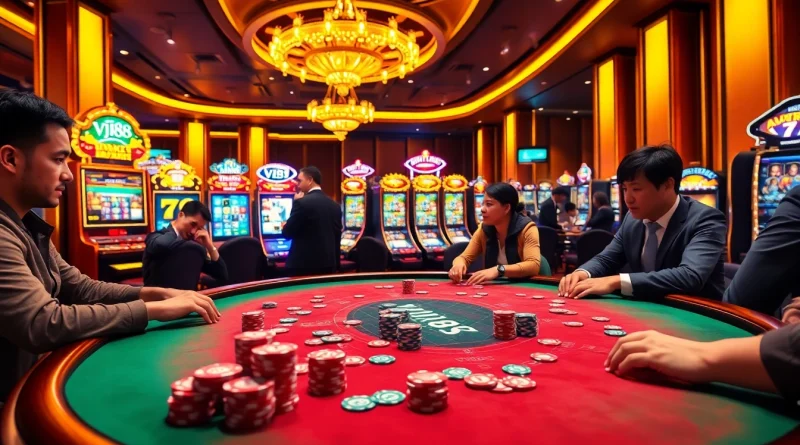 VJ88 casino scene with poker table, vibrant chips, and exciting atmosphere.