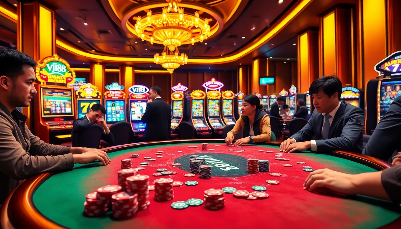 VJ88 casino scene with poker table, vibrant chips, and exciting atmosphere.