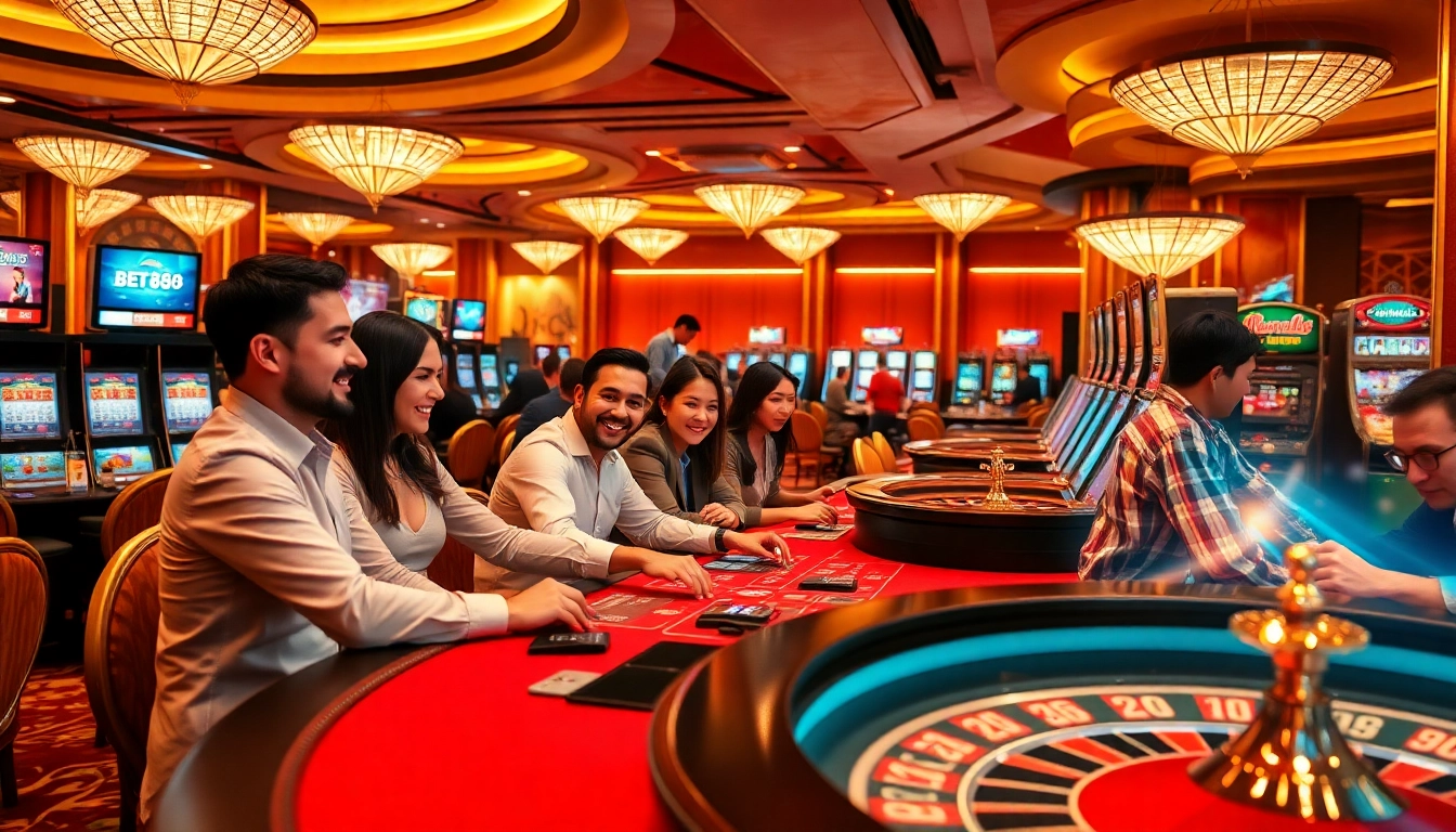 Engaging gamblers enjoying a vibrant casino setting while checking tỷ lệ cá cược bet88 on digital displays.
