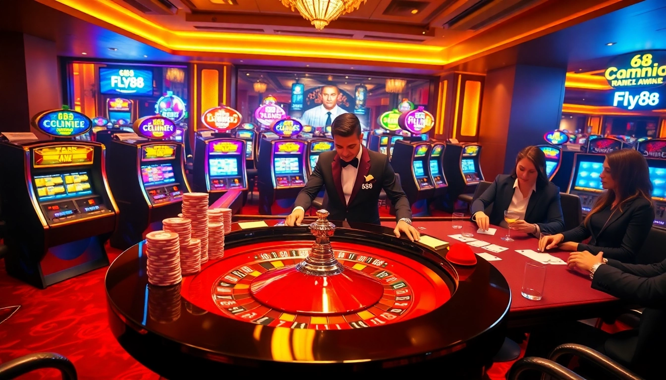 Players engaging in an exciting Fly88 casino atmosphere with roulette and slot machines.