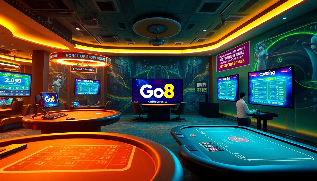 Engaging Go8 online casino interface with vibrant gaming options and promotional banners.
