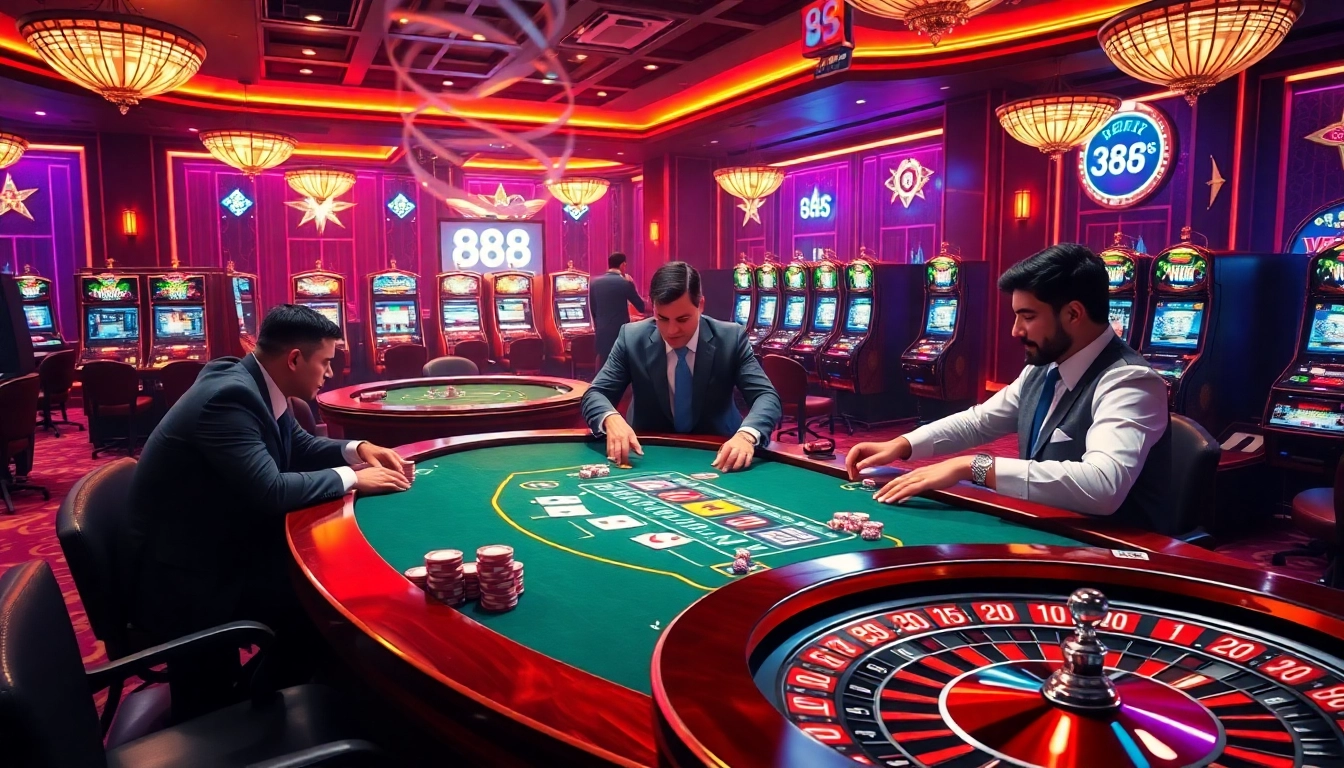 Immersive casino experience at 888vi featuring vibrant gaming tables, poker chips, and exciting gameplay.