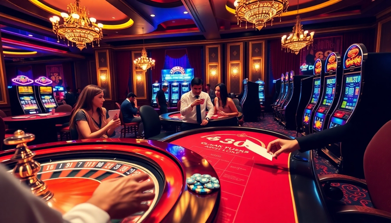 A thrilling casino scene featuring players at a poker table and a roulette wheel, inspired by https://az888.futbol for an engaging gambling experience.