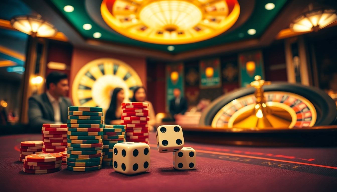 Experience a thrilling scene of luxury and excitement at a "trang cá cược uy tín" with high-stakes games and vibrant betting elements.