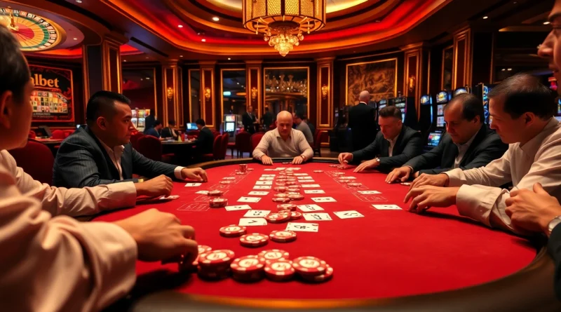 Players compete in an intense poker game with 88i chips in a luxurious casino setting.