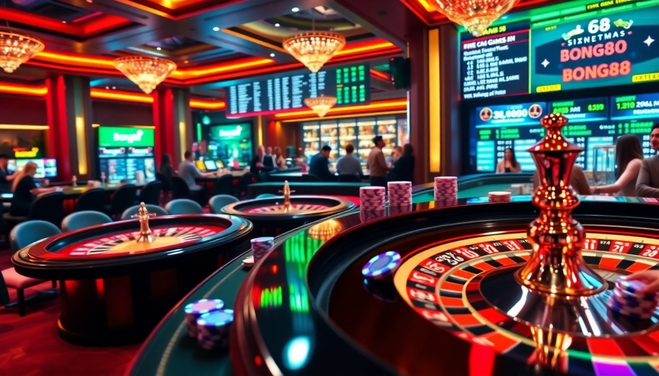 The BONG88 interactive casino experience featuring casino tables, poker chips, and live sports betting.