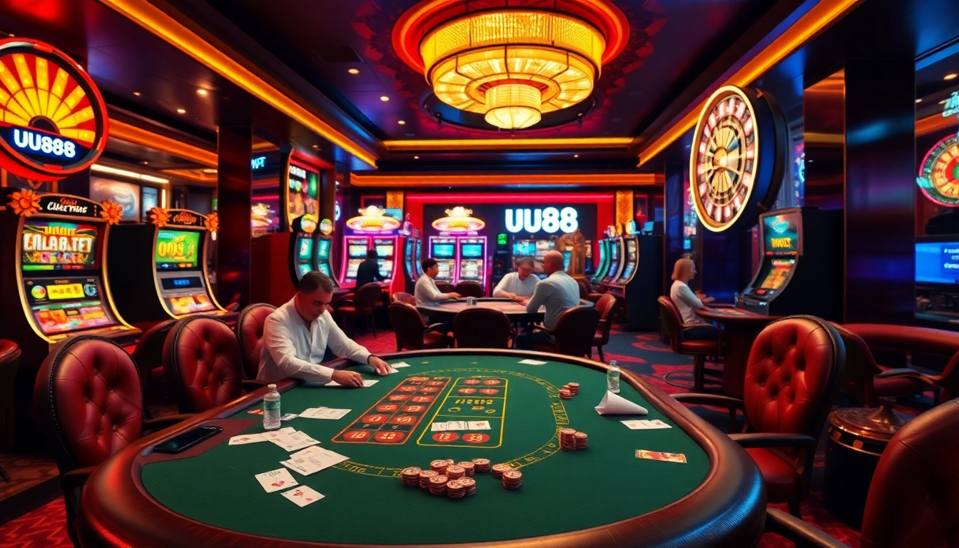 Experience thrilling gaming at uu88 with vibrant casino tables, lively slot machines, and poker action.