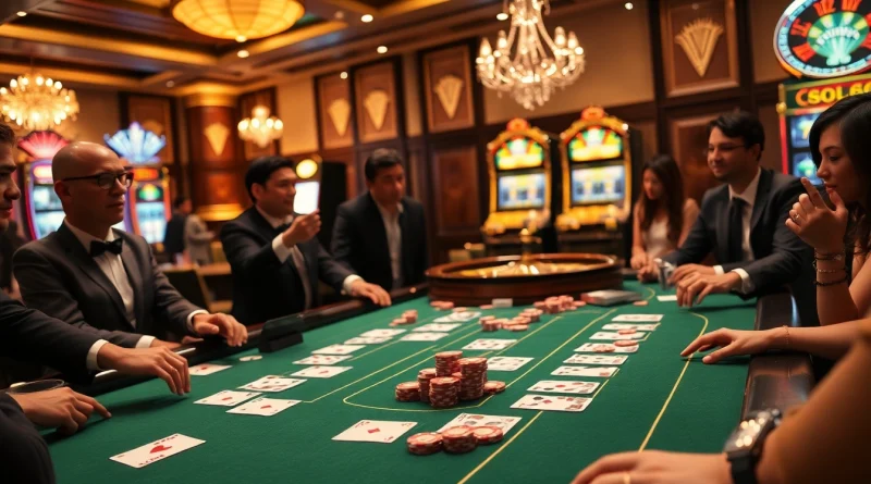 SODO66 players enjoying an exhilarating moment at an upscale casino table with vibrant poker chips.