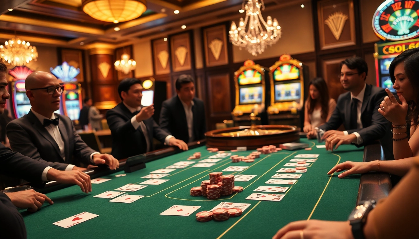 SODO66 players enjoying an exhilarating moment at an upscale casino table with vibrant poker chips.