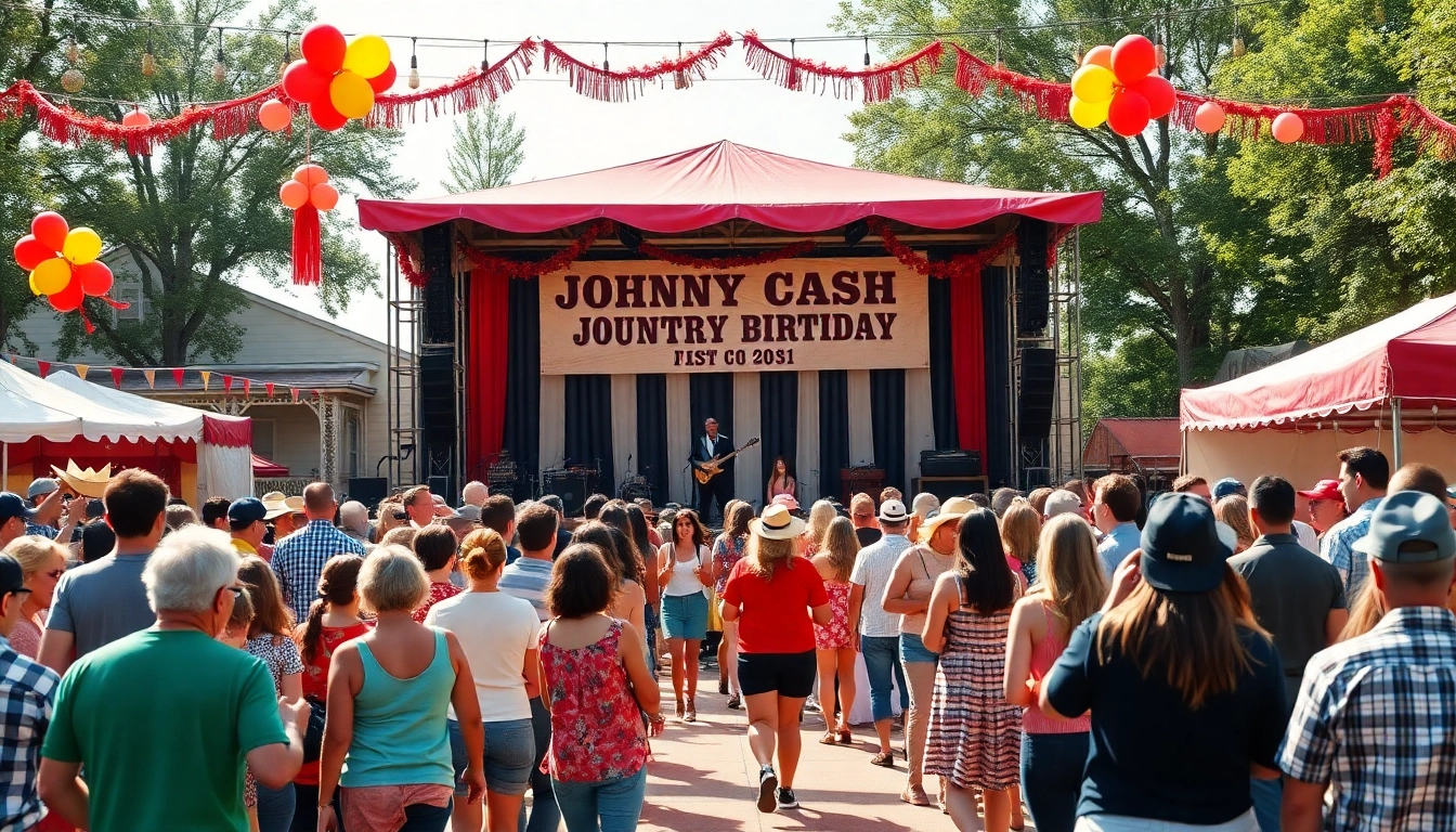 Exciting scene from the Johnny Cash birthday celebration at johnnycashbirthday.com featuring lively performances and festive decorations.