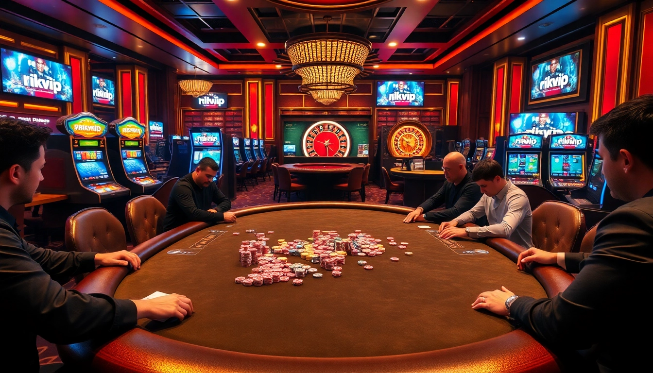 Players enjoying a high-stakes game at rikvip's luxurious poker table with vibrant chips.