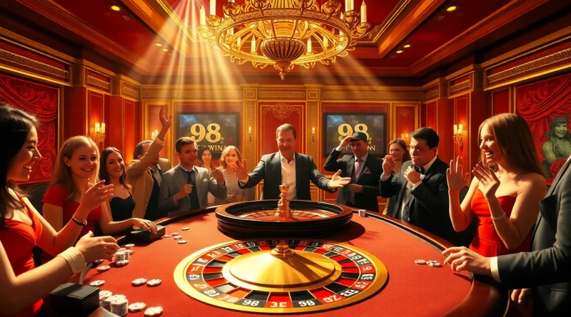 Players celebrating a 98 win at a vibrant roulette table in a luxurious casino setting.