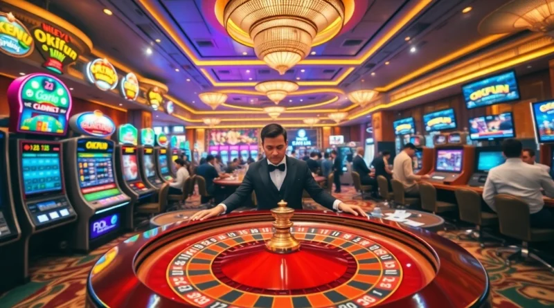 Engaging scene of gamblers at nhà cái OKFUN featuring colorful slots and a roulette table.