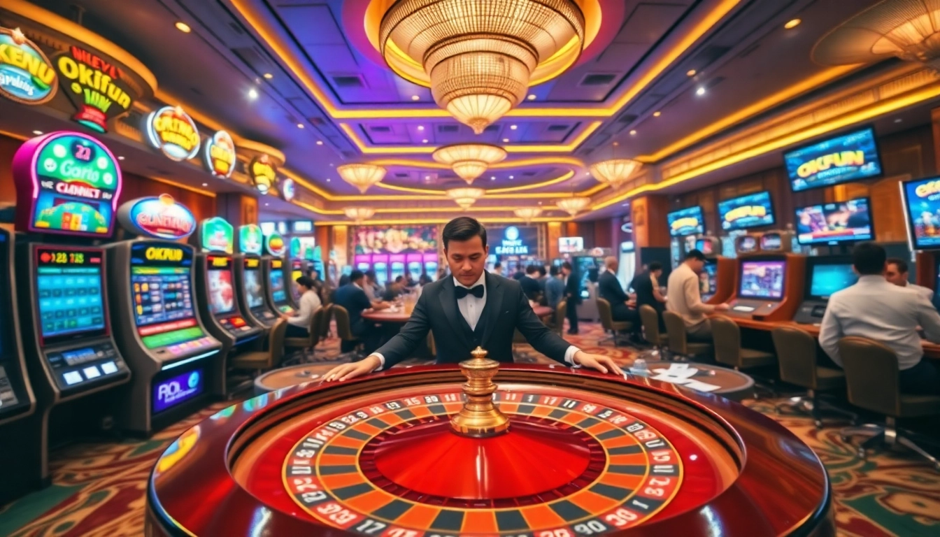 Engaging scene of gamblers at nhà cái OKFUN featuring colorful slots and a roulette table.