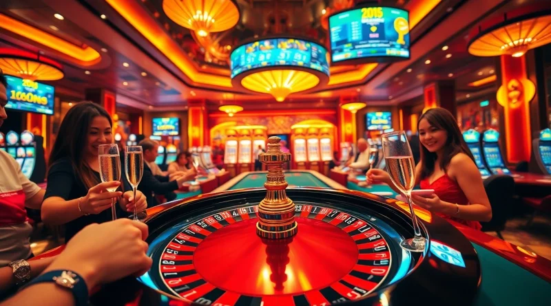 Experience thrilling gambling action at https://u888hv.com/ with joyous players at a vibrant casino table.