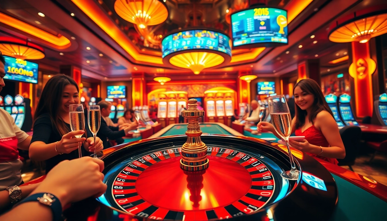Experience thrilling gambling action at https://u888hv.com/ with joyous players at a vibrant casino table.