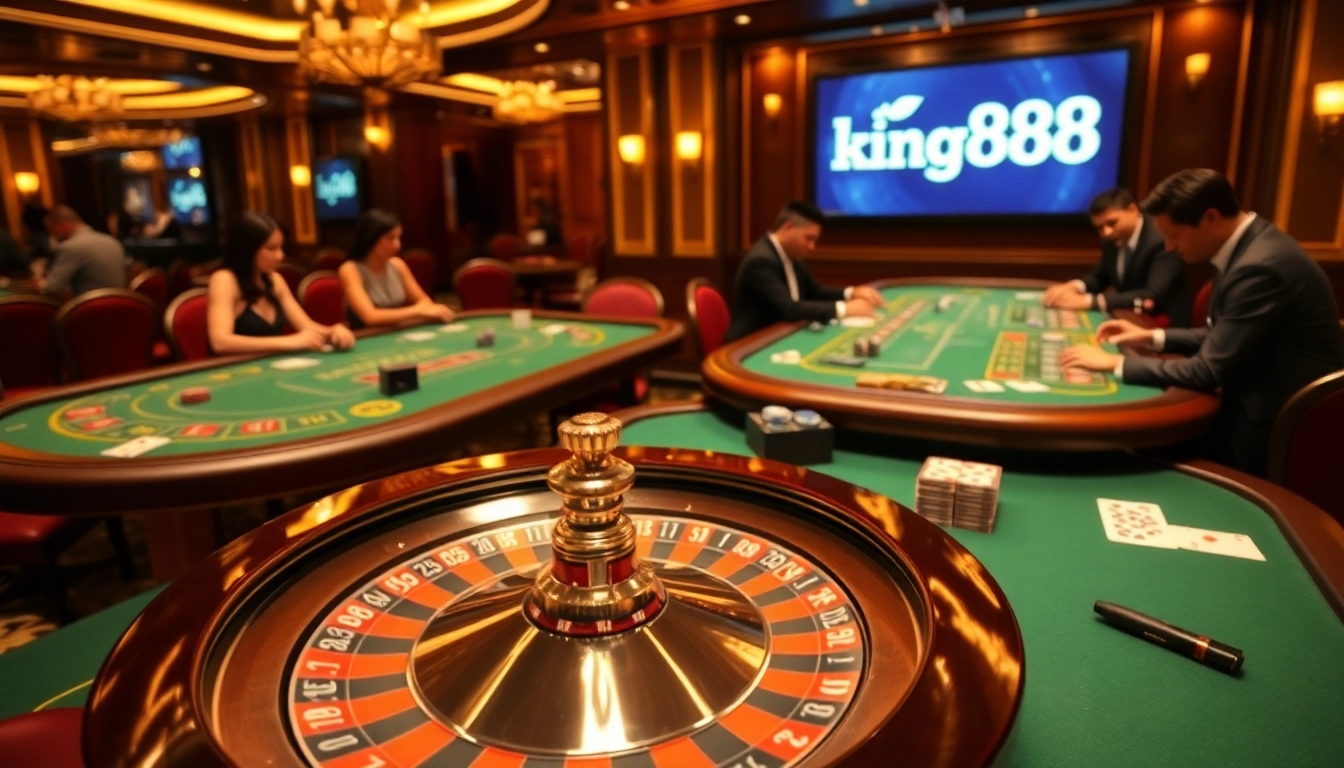 king888 gaming tables with chips and cards in a luxurious casino atmosphere.