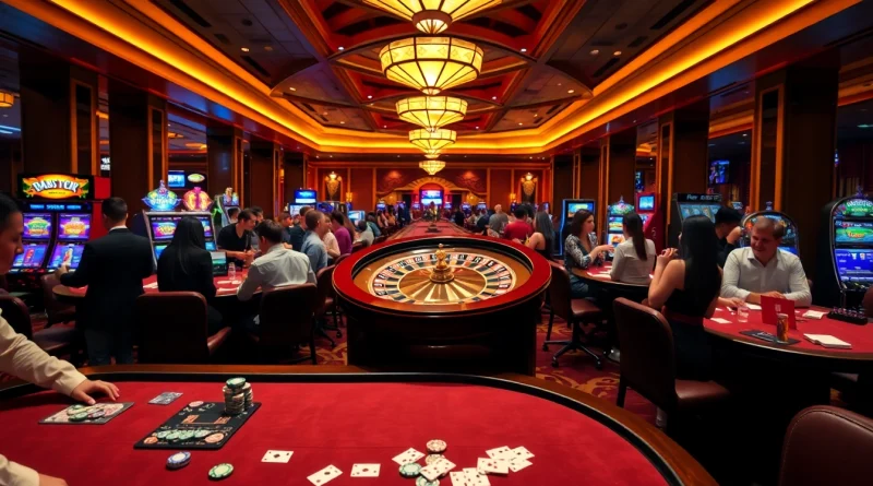 Experience thrilling gaming action at https://www.bdjl.win/, featuring a lively casino atmosphere with poker tables and roulette wheels.