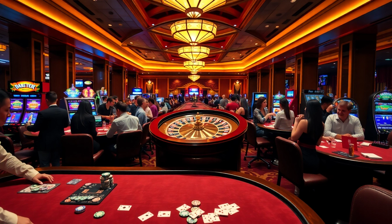 Experience thrilling gaming action at https://www.bdjl.win/, featuring a lively casino atmosphere with poker tables and roulette wheels.