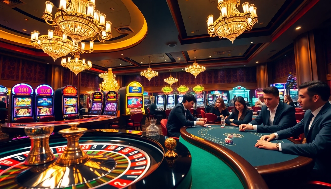 Players enjoying an exciting game of poker at UU88's luxurious casino tables with vibrant decor.