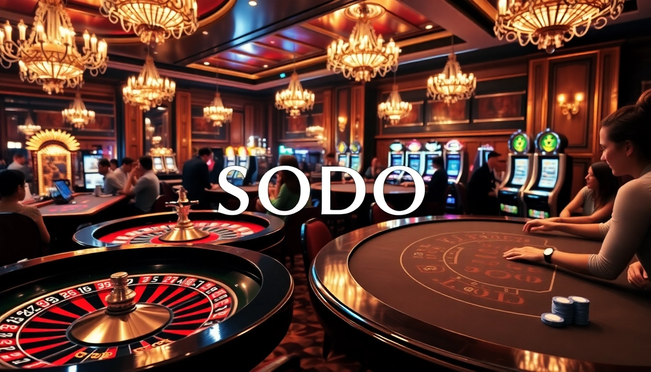 SODO Casino scene with players enjoying roulette, poker tables, and luxury slot machines.
