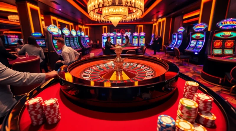 Players enjoying a high-stakes roulette game at a casino featuring TR88 branding and vibrant chip stacks.