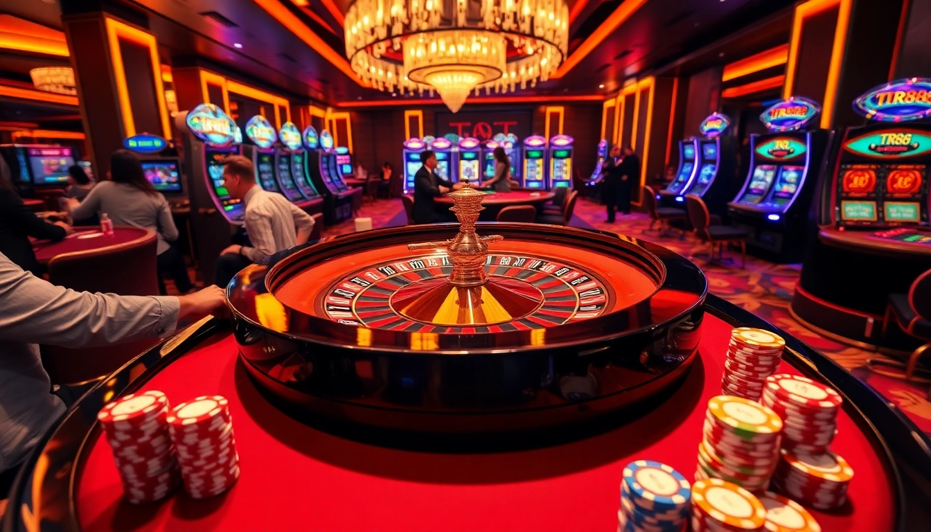 Players enjoying a high-stakes roulette game at a casino featuring TR88 branding and vibrant chip stacks.