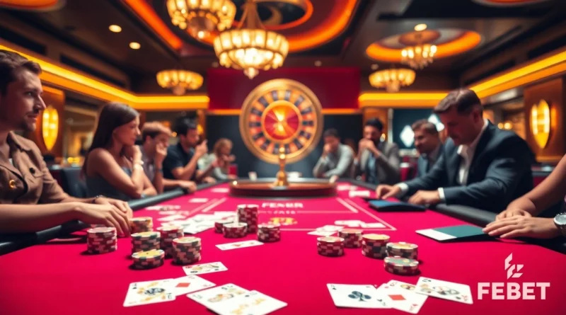 Engaging poker scene showcasing FE BET with vibrant chips and player excitement in a luxury casino.