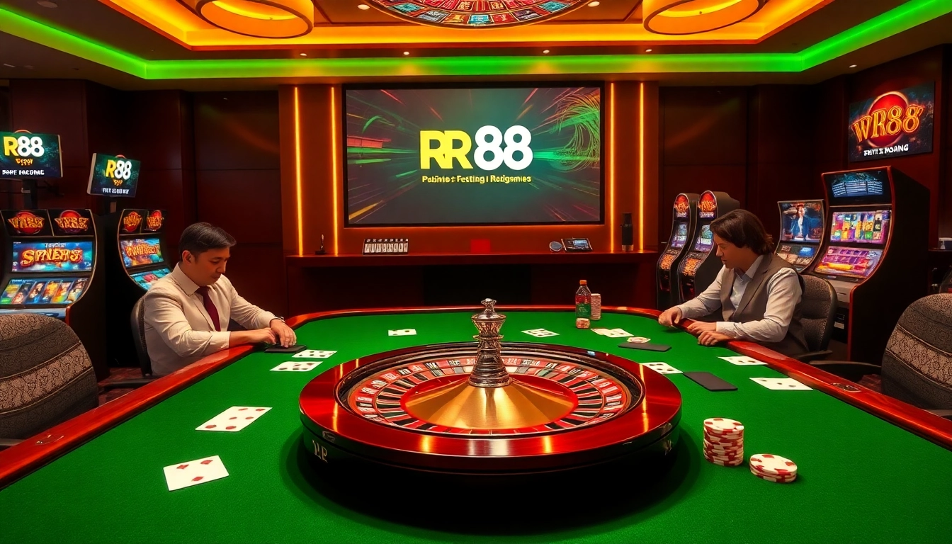 Experience the thrill of RR 88 casino gaming with vibrant cards, poker chips, and roulette.