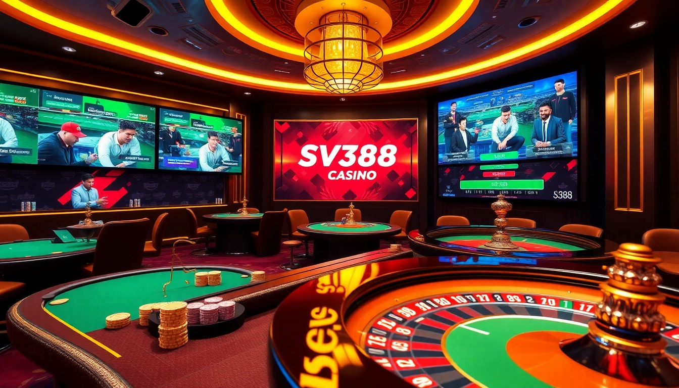 SV388 online gambling scene featuring casino tables, poker chips, and a roulette wheel.
