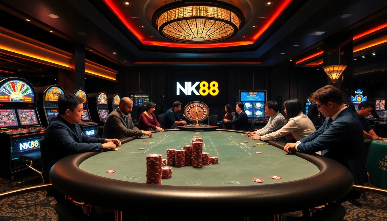 Experience thrilling gameplay at NK88's luxurious casino gaming environment with poker and slots.