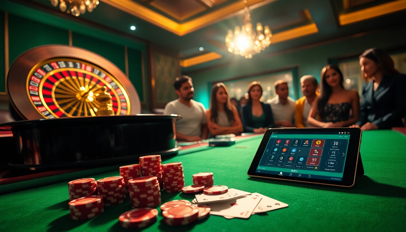 Gambling excitement at the 888b casino with poker chips, cards, and a roulette wheel.