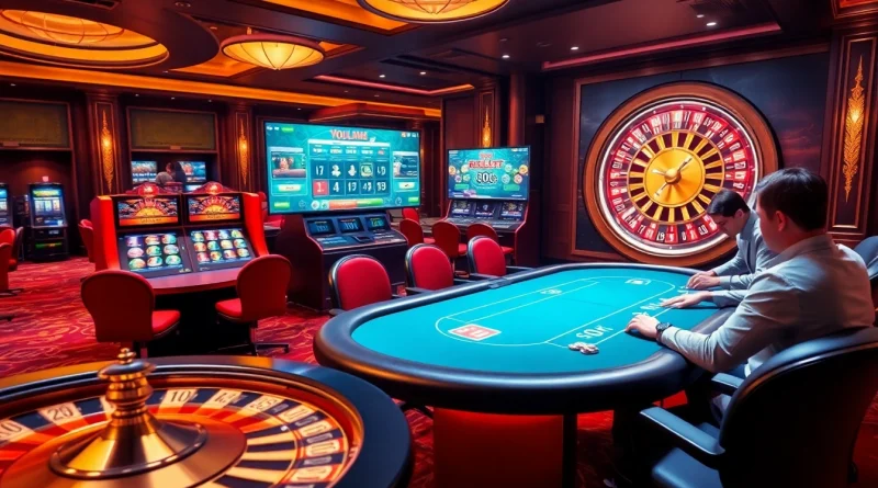 Experience đăng nhập okfun with vibrant casino games, a poker table, and glowing slot machines.