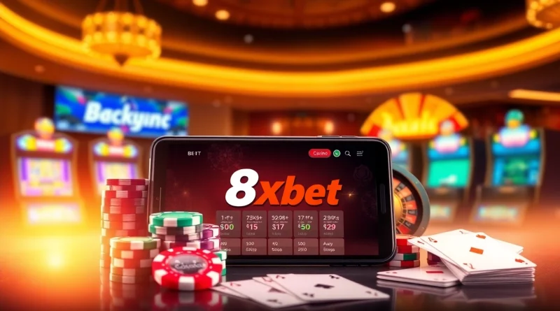 Engage with the excitement of tải 8xbet as a mobile device showcases vibrant casino elements around it.