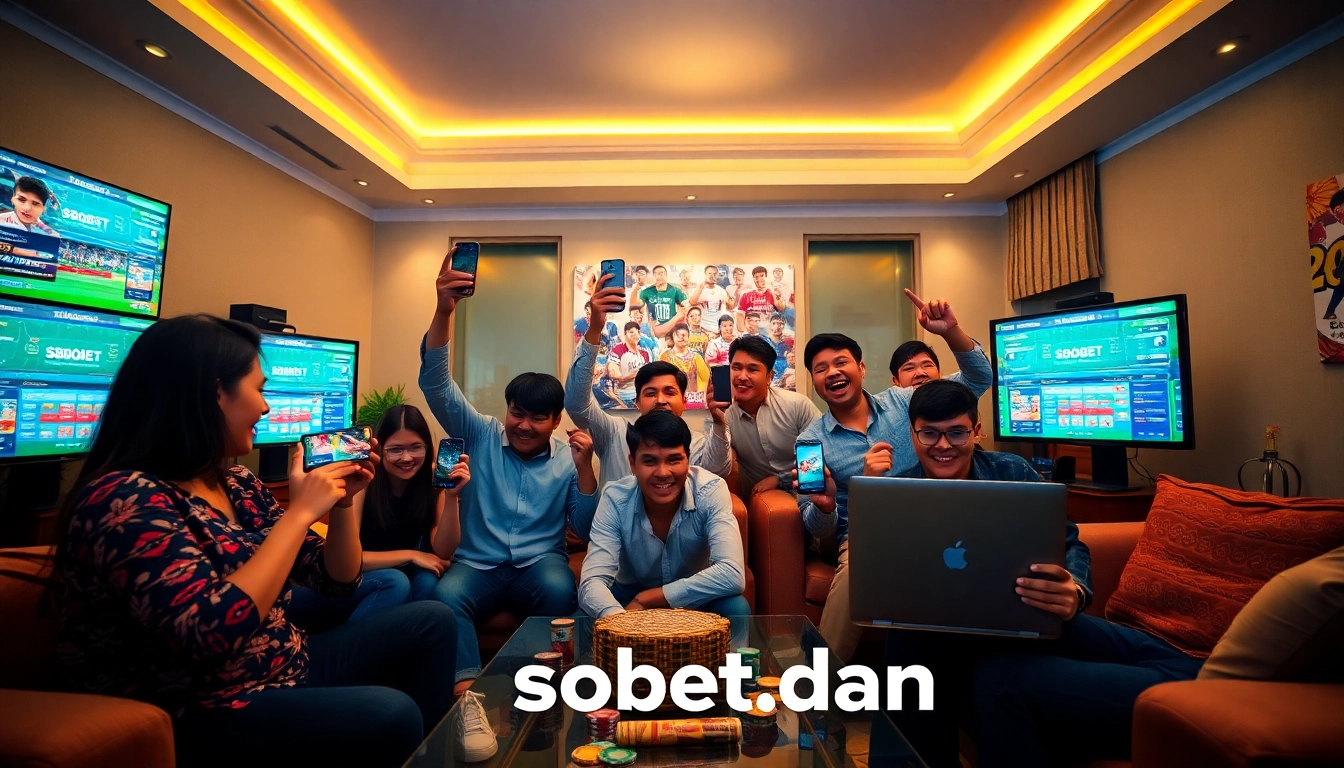Engaged players enjoying online gaming at sbobet.dance in a vibrant living room setting.