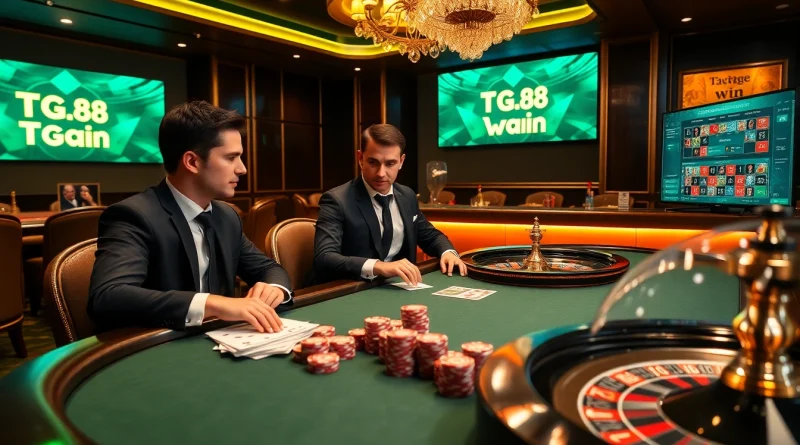 Experience the excitement of tg88 win at a luxurious casino poker table with vibrant chips and cards.