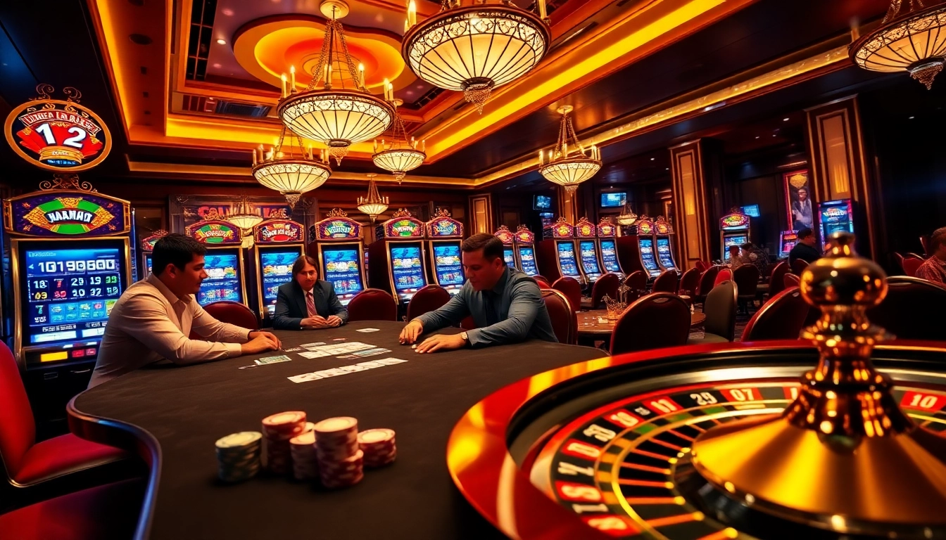 Experience thrilling gameplay at https://mb66.ski/ with vibrant casino scenes featuring poker and slot machines.