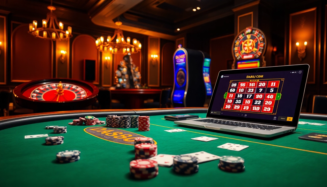 Experience the excitement of DA88J COM with vibrant casino elements including poker chips and roulette.