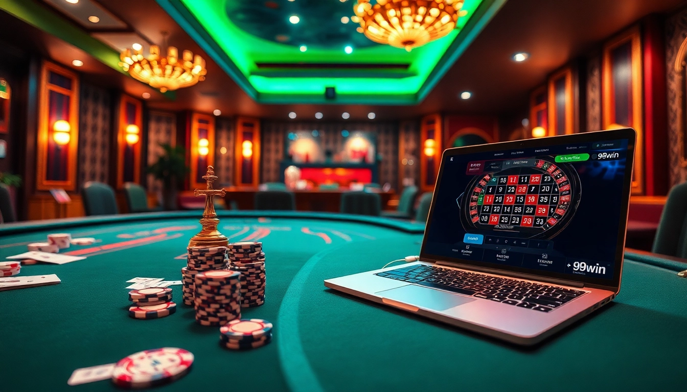 Experience the excitement of 98win with a luxurious casino scene featuring poker chips, cards, and a roulette wheel.
