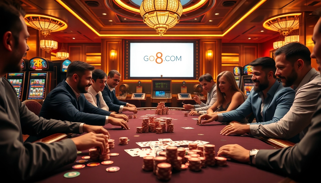 Engaged players at a poker table showcase the excitement of Go8.com gambling experience.