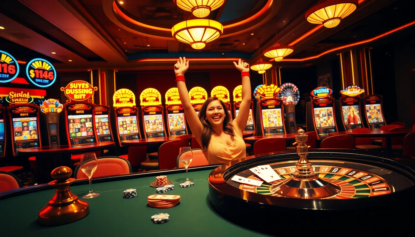 Winning gamers celebrating at 88vv com casino with poker chips and exciting slot machines.