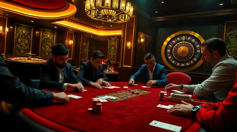 Engaged players at a high-stakes poker table in a luxurious casino setting, showcasing 789f.