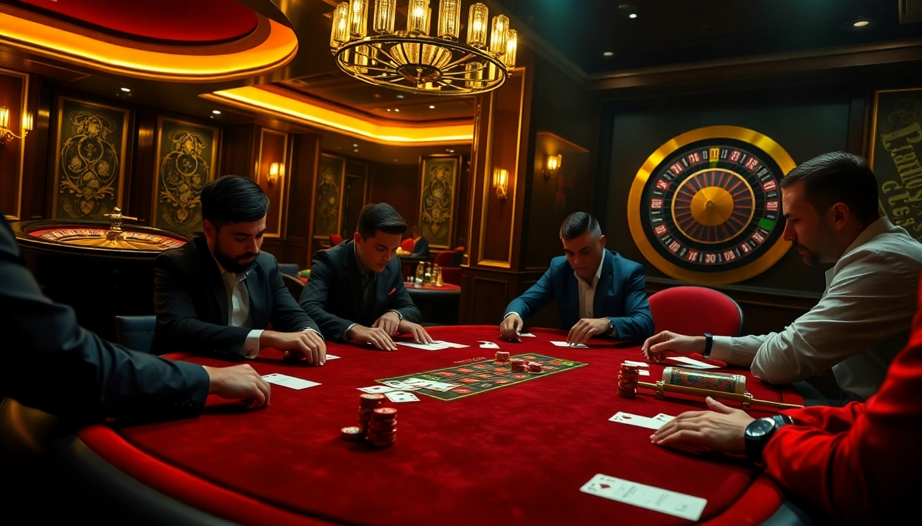 Engaged players at a high-stakes poker table in a luxurious casino setting, showcasing 789f.