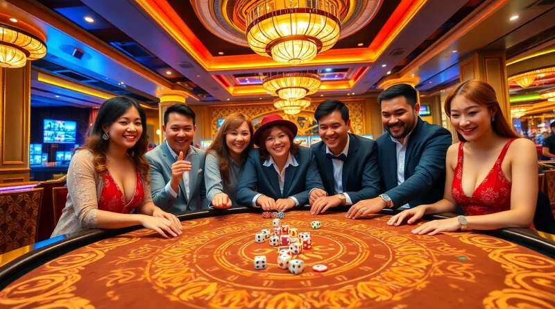 Players engaging in xóc đĩa online at a vibrant casino table filled with colorful chips.