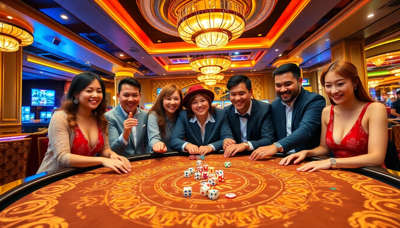 Players engaging in xóc đĩa online at a vibrant casino table filled with colorful chips.