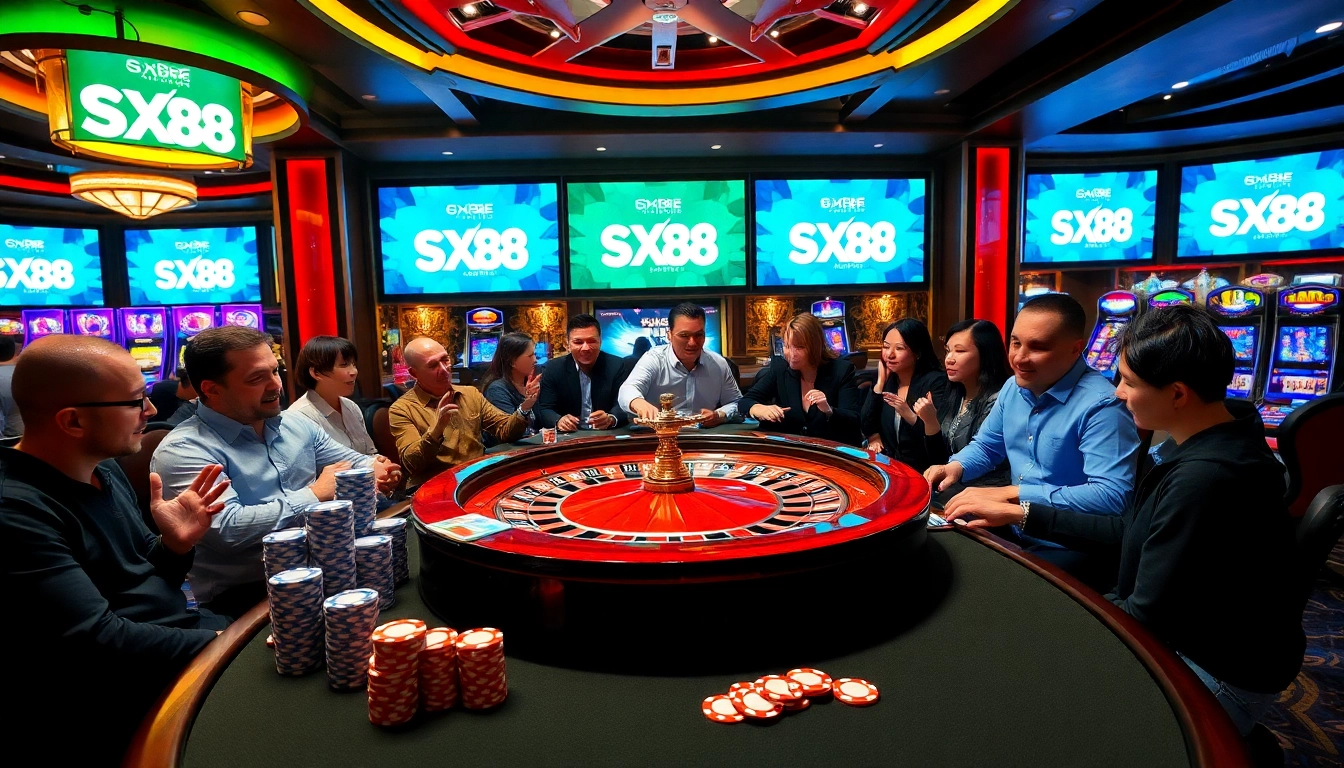 SX88 casino gaming scene with vibrant tables, poker chips, and roulette adding excitement.