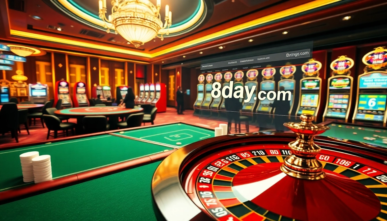 Engaging gamblers at a luxurious casino with 8day.cn.com prominently featured on digital displays.
