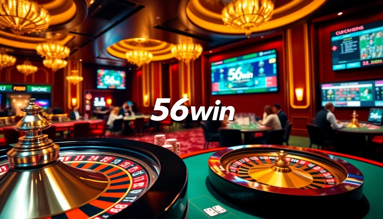 Experience the thrill of 56win casino with vibrant poker chips and a spinning roulette wheel.