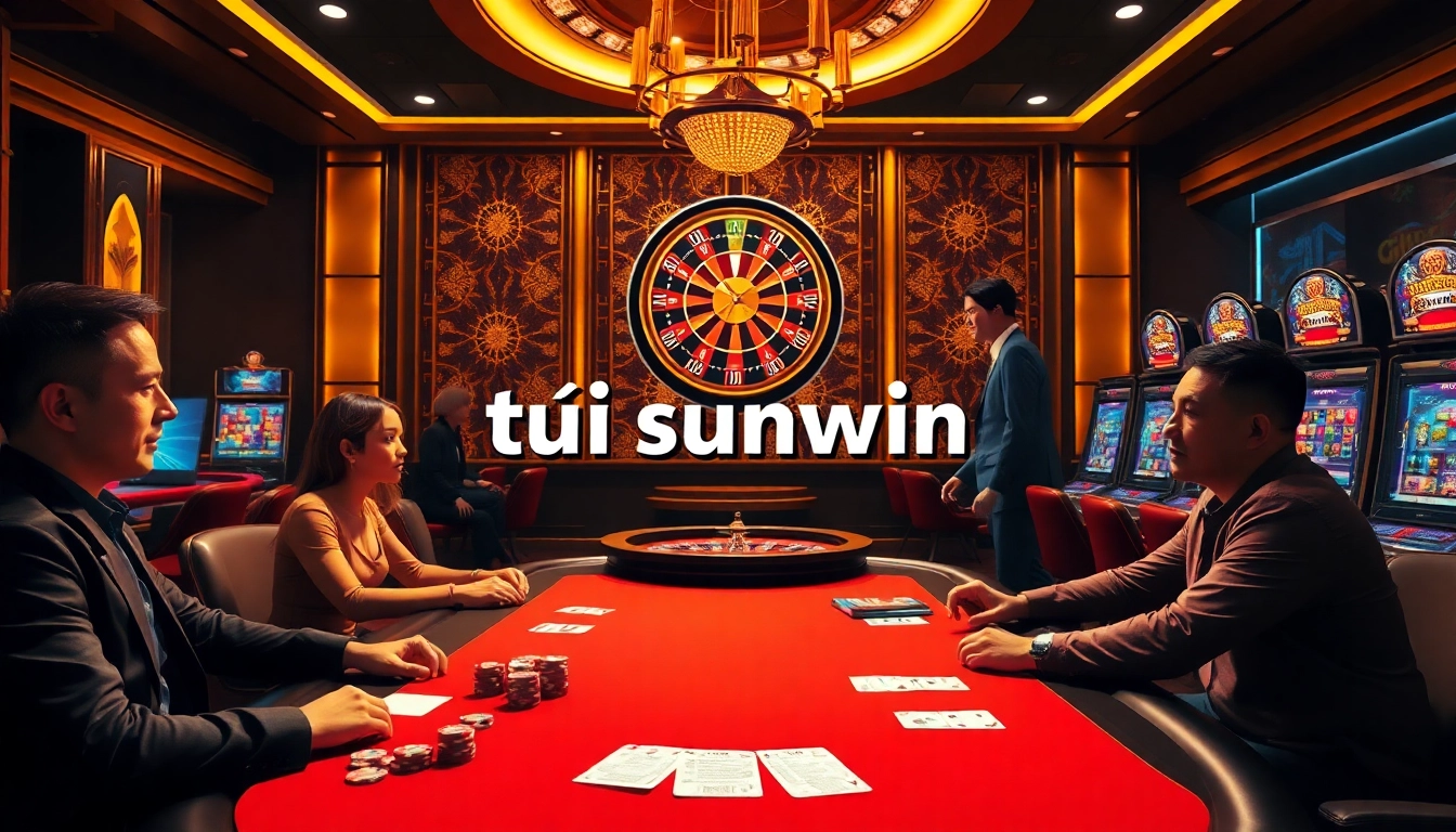 Experience the thrill of online gambling with tải sunwin showcased in a vibrant casino scene featuring poker and roulette.