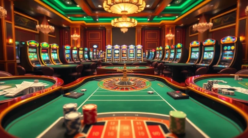 Exciting gambling action at a luxurious casino featuring roulette, poker, and slot machines showcasing Link 789K.